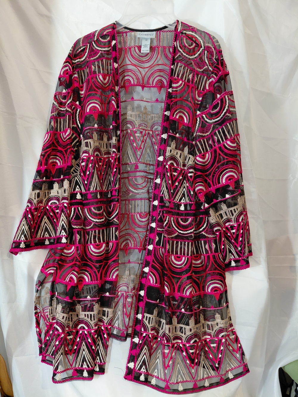 Catherines Sheer Embroidered Kimono Robe in Hot Pink & Black